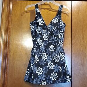 Elegant Black, Gray and White Floral One-Piece Swim Dress